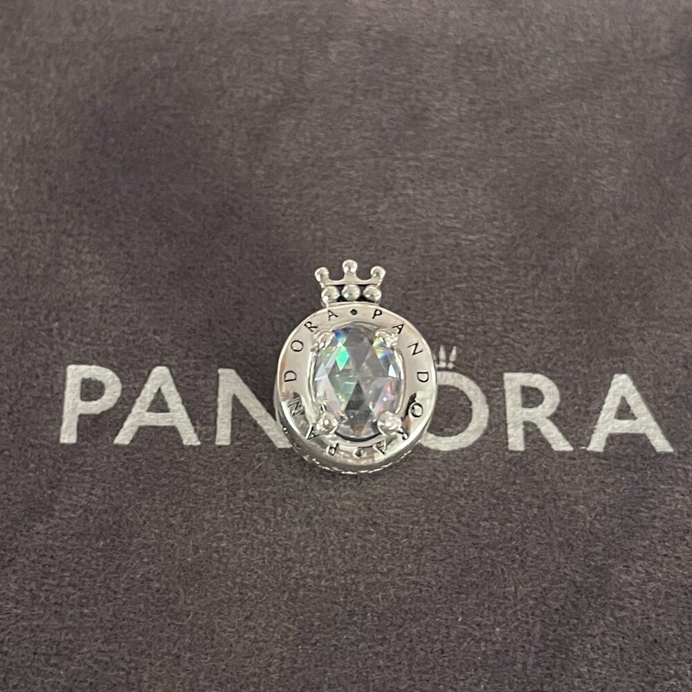 Pandora Sterling Silver Clear Sparkling Crown O Charm With Clear CZ Charm Bead